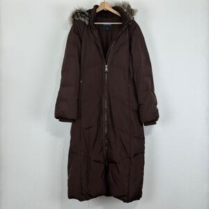 Lands End Womens Down Maxi Winter Coat Sz Large Full Zip Hooded Fur Trim Brown